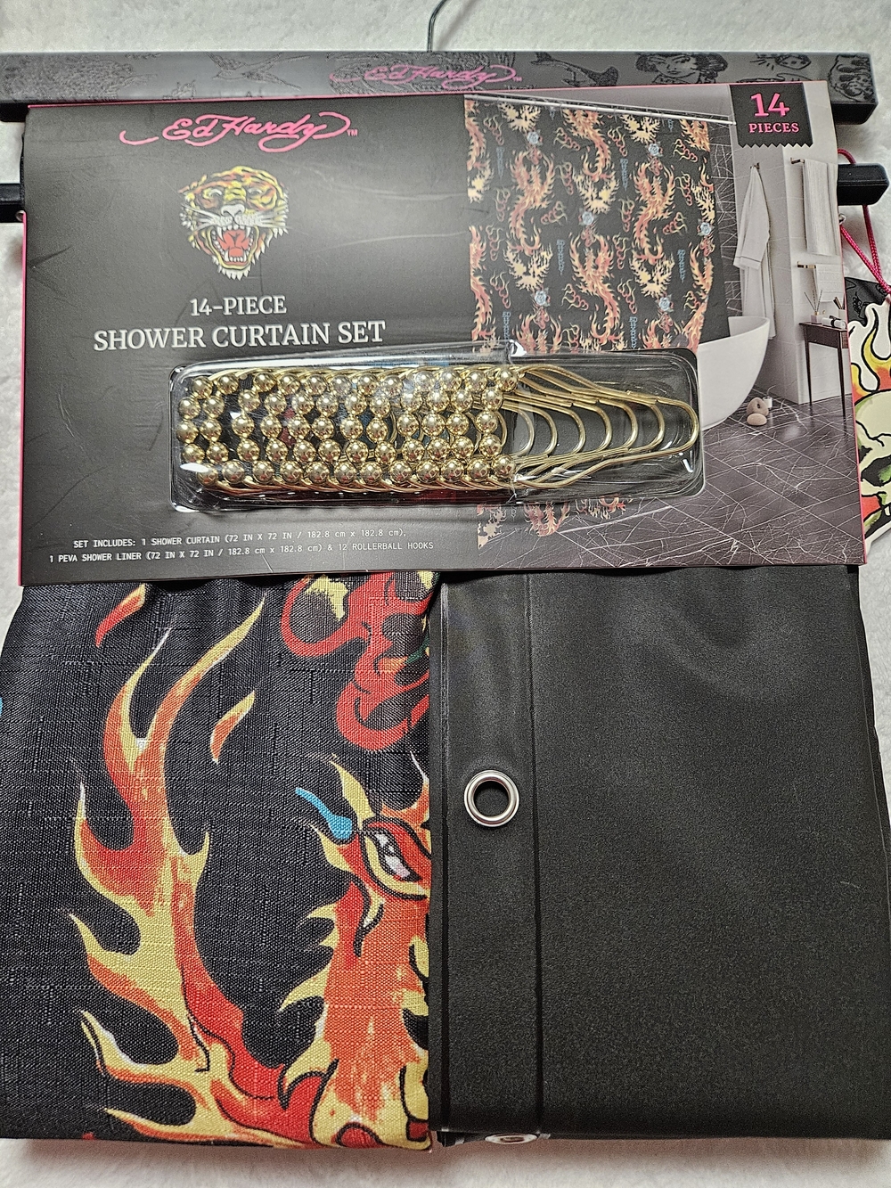 Ed Hardy 14-Piece Dragon Flame Shower Curtain Set - Black & Red Flames